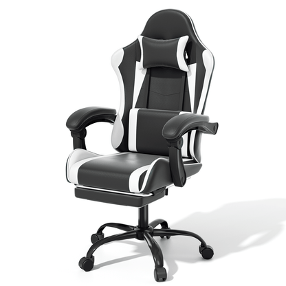 Ergonomic Gaming Chair with Retractable Footrest & Detachable Lumbar Support 360 Degree Swivel Racing Style PU Leather Computer Gaming Chair with Headrest for Home Bedroom Office