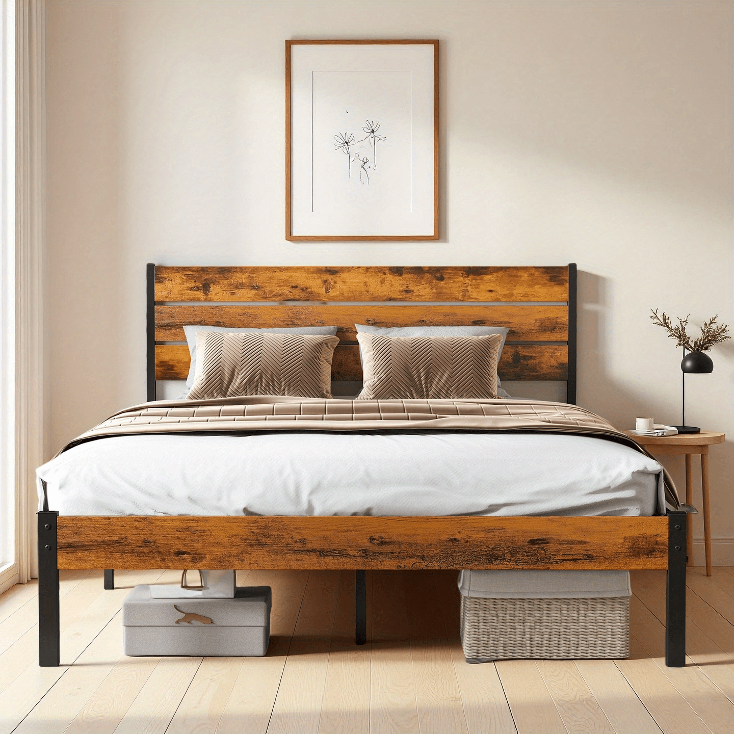 Metal Frame Bed Frame with Headboard, No Box Spring, Features Sturdy Wood Slats to Support 800 Lbs, Can Be Purchased Separately Or with a 2pcs Bedside Organizer (Fabric Drawer with 2 Storage Unit Compartments), Suitable for Bedroom, Living Room