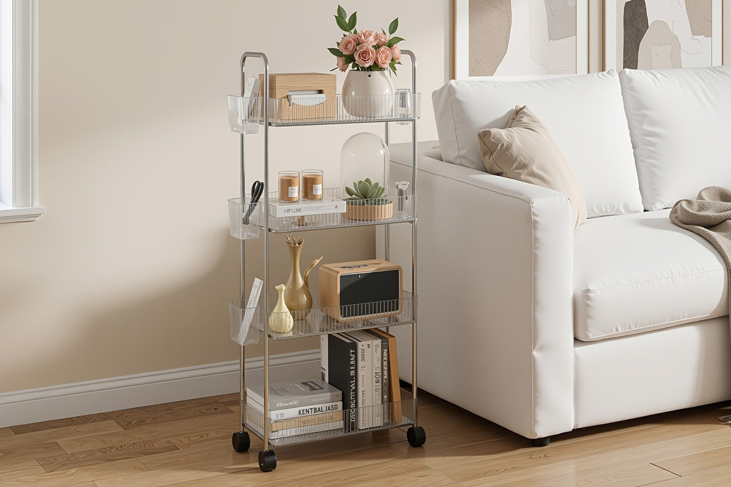 3-Tier Acrylic Rolling Storage Cart with 3 Hanging Boxes - Rolling Bathroom Cart for Cosmetics, Skincare & Snacks, 360° Wheels, Slim Utility Cart Under 27" Height