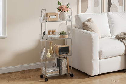 3-Tier Acrylic Rolling Storage Cart with 3 Hanging Boxes - Rolling Bathroom Cart for Cosmetics, Skincare & Snacks, 360° Wheels, Slim Utility Cart Under 27" Height