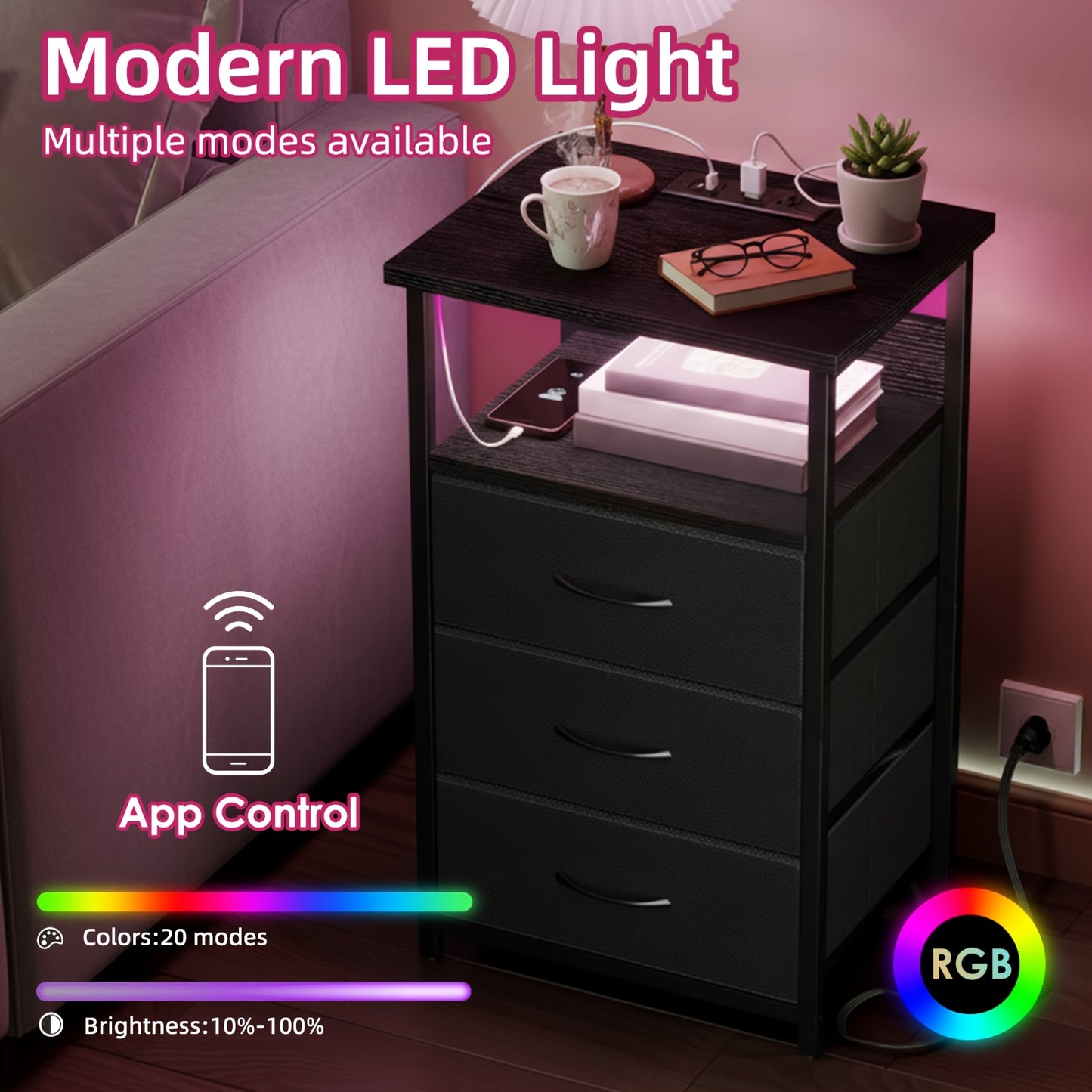 [Halloween Christmas] TOMNK Night Stand With Charging Station Set Of 1/2, Dresser For Bedroom With LED Light, Side Table With USB Port, 3/4 Fabric Drawers With PU End, For Small Spaces, Closet, School And Dormitory Storage, Entryway, For Halloween And Chr
