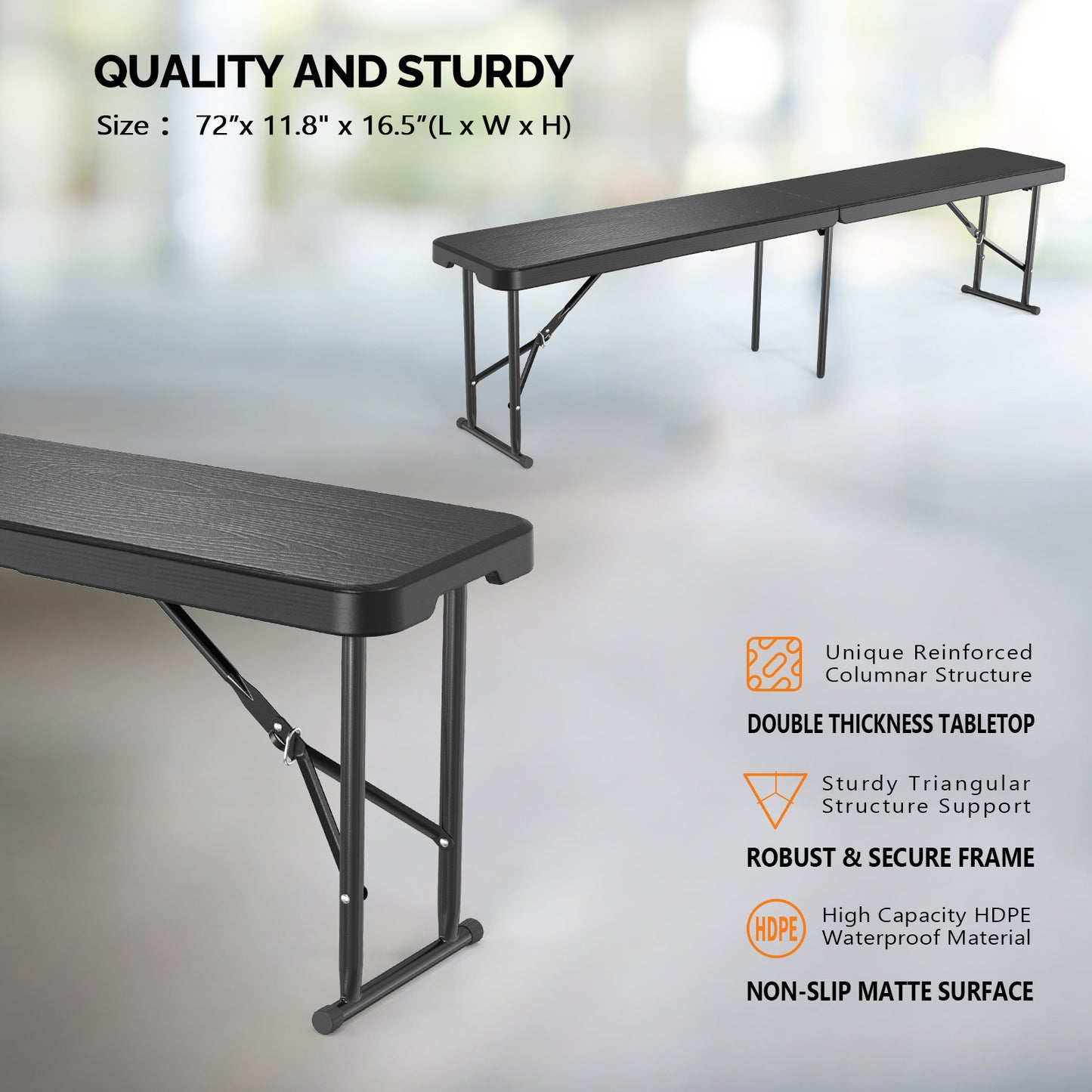 Bonnlo 6 Feet White/ Black Plastic Folding Benches for Outdoor Camping Dining Soccer Games Portable Picnic Party Seating with Smooth HDPE Tabletop 1 Pack/ 2 Pack Garden Patio Lawn Dining Benches Chairs