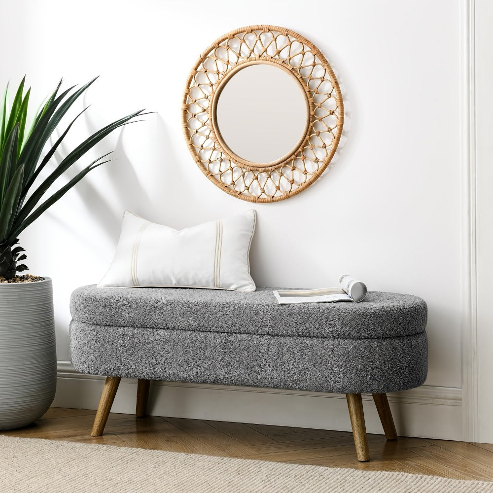 Upholstered Storage Ottoman Bench with Solid Wood Legs, Fabric Padded Footstool & Entryway Bench with Hidden Storage, 43.5" Bedroom Living Room Hallway Bench, 250 lb Capacity, 8 Colors