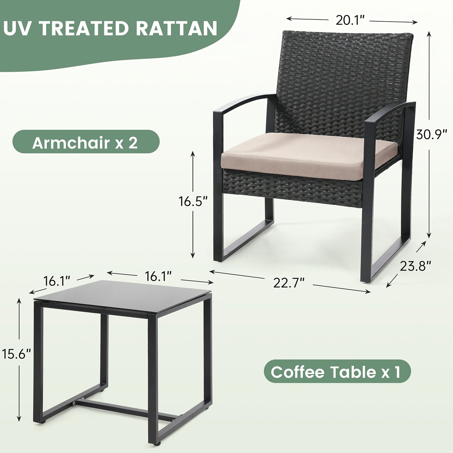 3pcs Outdoor Seating Arrangement Made of Wicker Rattan, Featuring Two Waterproof Chairs with Plush Cushions And a Bistro Table Topped with Safety Glass, on
