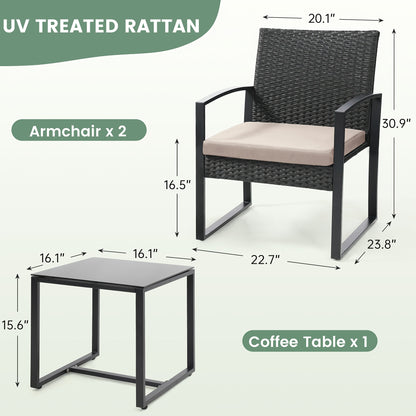 3pcs Outdoor Seating Arrangement Made of Wicker Rattan, Featuring Two Waterproof Chairs with Plush Cushions And a Bistro Table Topped with Safety Glass, on