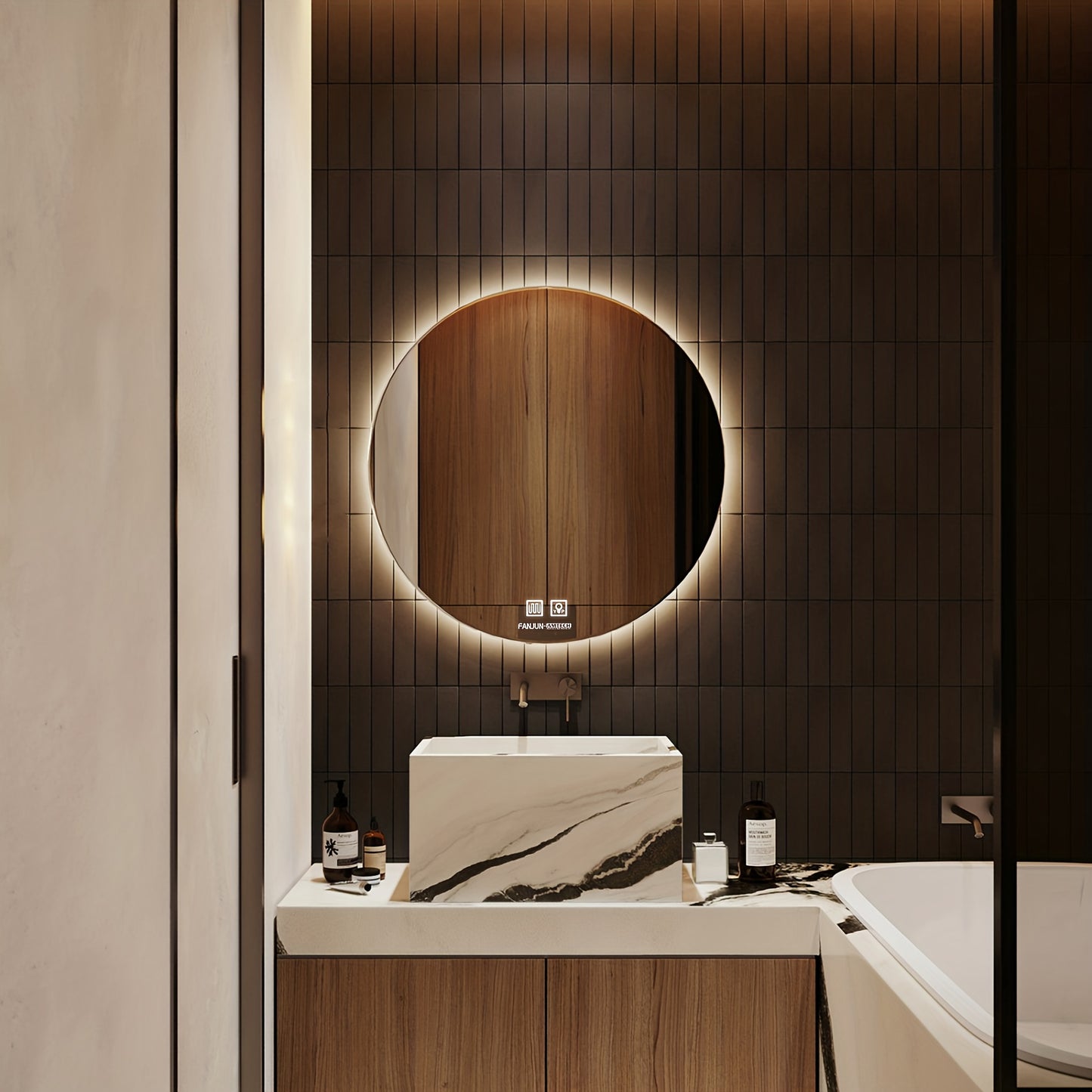 LED Bathroom Mirror shown in the Round 24 inch option