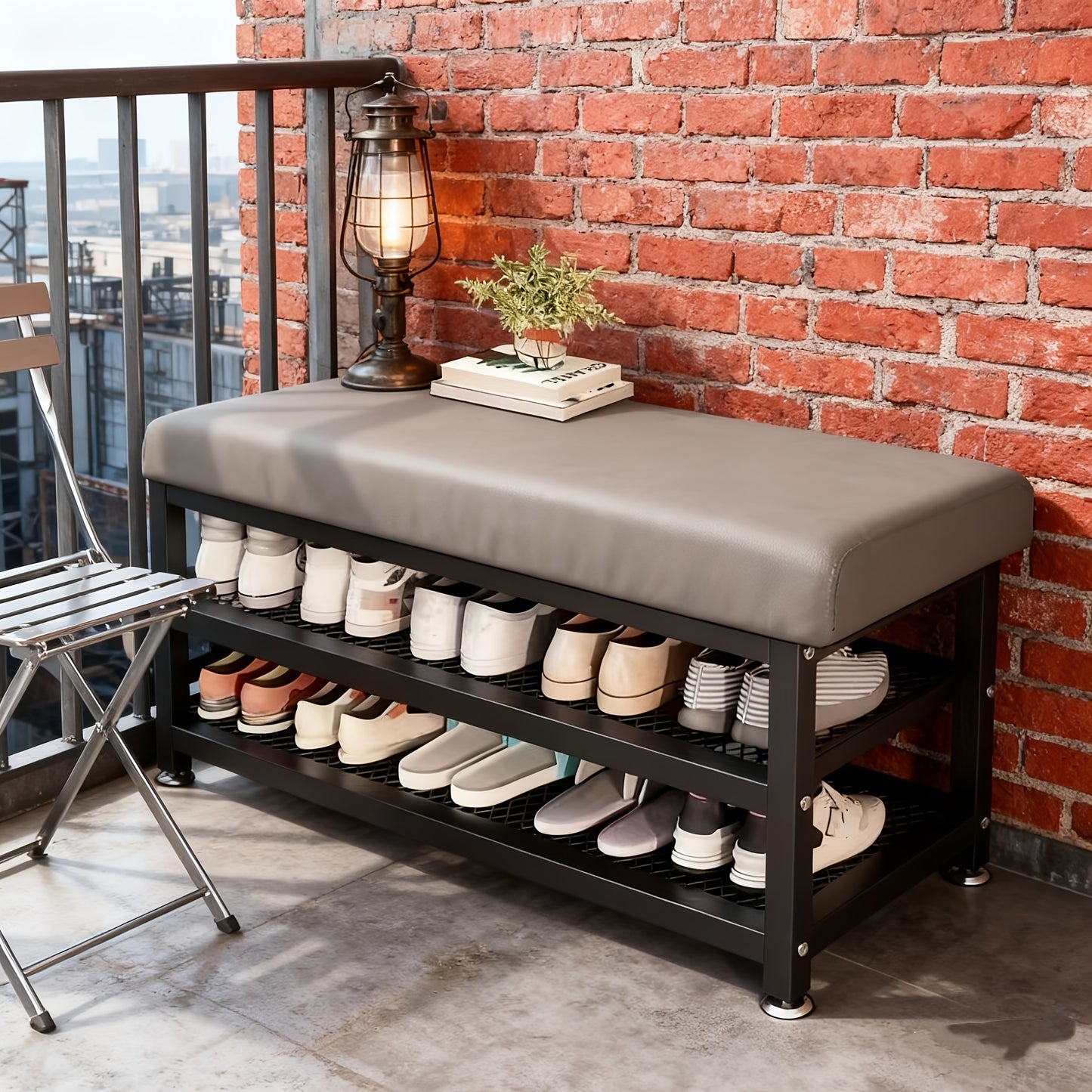 [Soft Cushion Shoe Stool] Modern Shoe Changing Stool with Soft Cushion- Multi Compartment Shoe Storage Organizer, Space Saving Metal Frame Shoe Rack for Bedroom or Foyer, Easy to Install Entrance Passage Storage