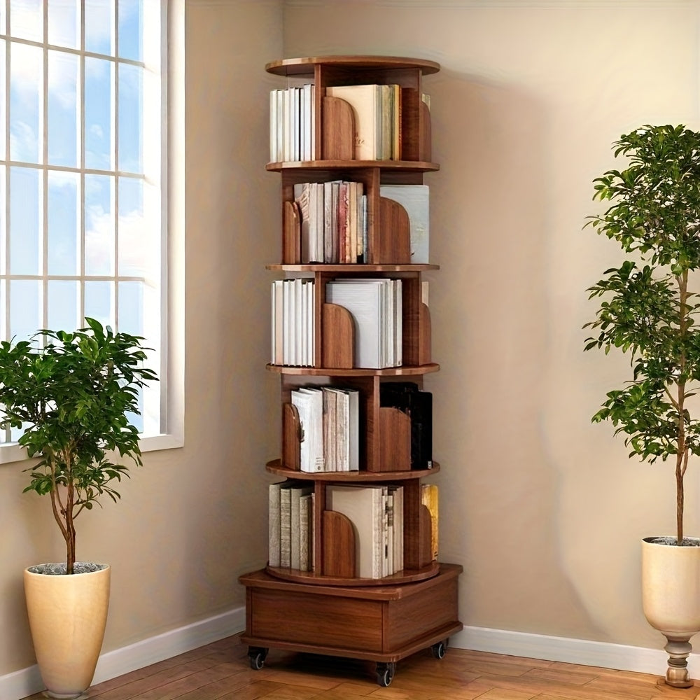 (UPGRADED) Rotating Bookshelf, 360 Display Corner Bookshelf for Small Space, 6 Tier Bookcase Storage Rack with Wheels, Wood Narrow Organizer for Bedroom, Living Room, Study Room, Walnut Brown, Shelves