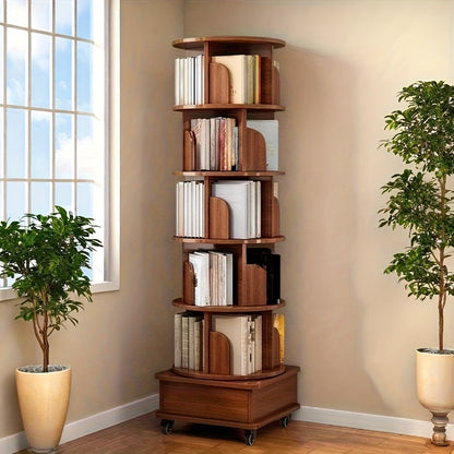 (UPGRADED) Rotating Bookshelf, 360 Display Corner Bookshelf for Small Space, 6 Tier Bookcase Storage Rack with Wheels, Wood Narrow Organizer for Bedroom, Living Room, Study Room, Walnut Brown, Shelves