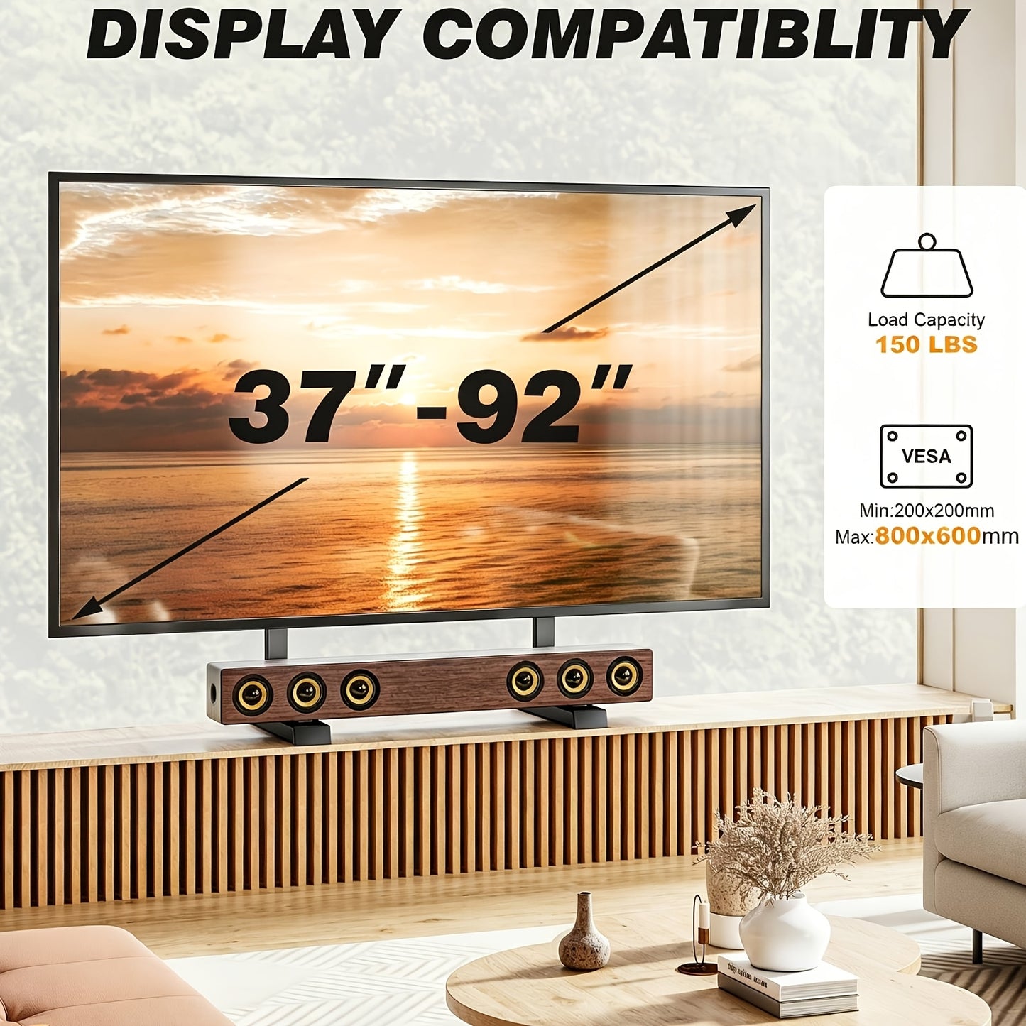 Universal TV Stand with Cable Management, Height Adjustable Legs for 37-92 Inch Flat/Curved Tvs, T