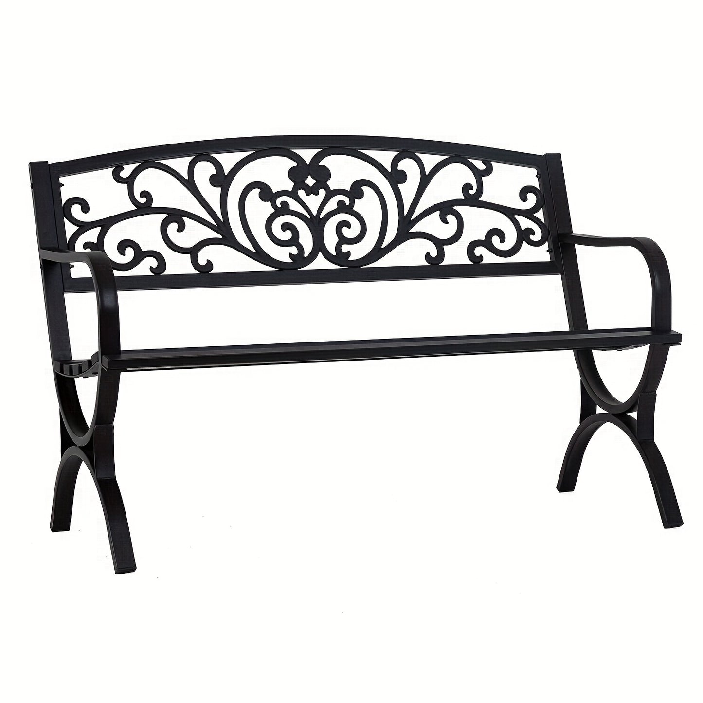 Cast Iron Steel Frame Garden Bench Patio Furniture Chair Outdoor Bench W/Floral Design Backrest, Slatted Seat for Park, Yard & Por