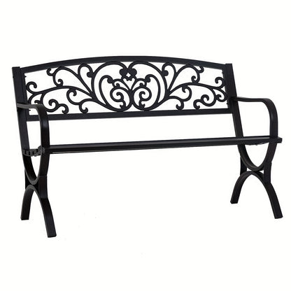 Cast Iron Steel Frame Garden Bench Patio Furniture Chair Outdoor Bench W/Floral Design Backrest, Slatted Seat for Park, Yard & Por