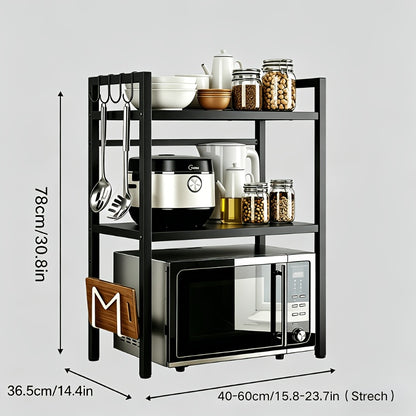 Space-Saving Adjustable Microwave Shelf, Multi-Functional Kitchen Counter Shelf. Thickened Metal, Strong Load Capacity. Easy Assembly, Available In Single Or Double Layer. Adjustable From 16 -24in. Suitable for Microwave, Cookware, And Spice Storage