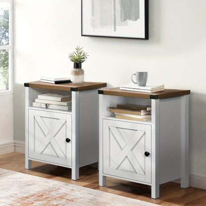 Farmhouse Nightstand with Barn Door & Shelf, Rustic Modern Bedside Table End Table for Bedroom Living Room Entryway, 23.7"x15.8" – Set of 1 or 2, Navy Blue Grey White Oak Black