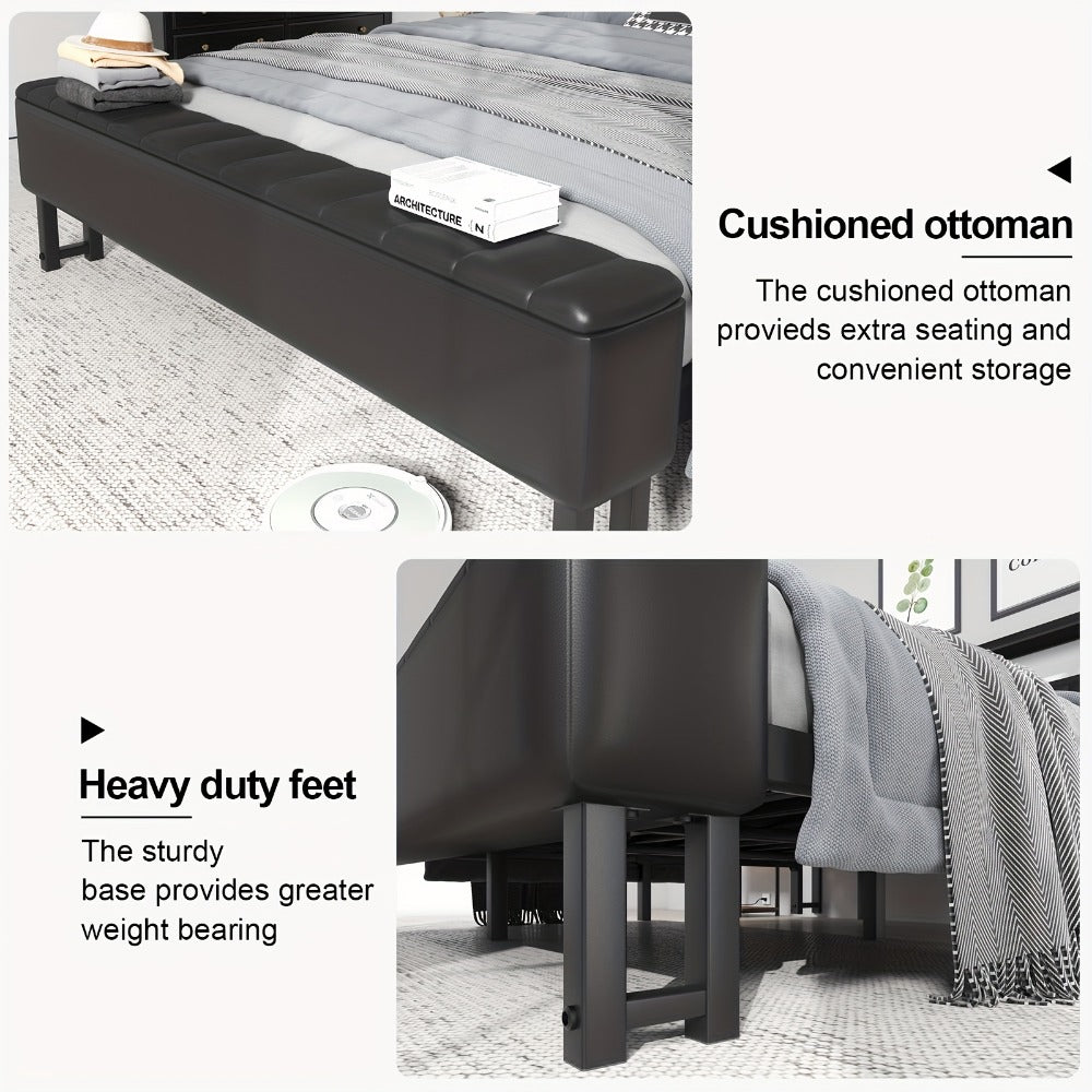 Metal Platform Bed with Starry Sky LED Lighting Storage Ottoman Upholstered Headboard Reinforced Legs Easy Assembly Bedroom Furniture