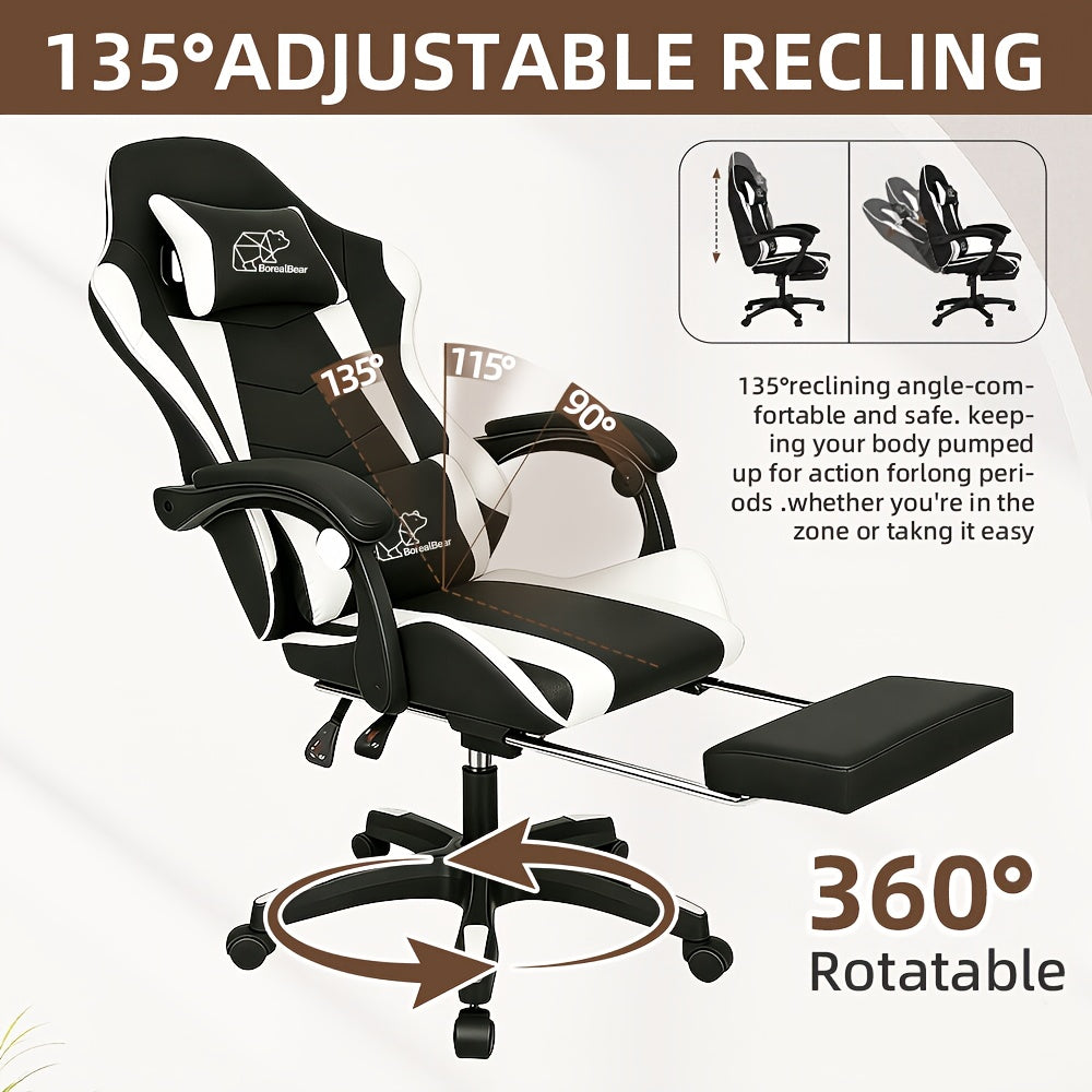 Gaming Chair, Ergonomic High Back Reclining PU Leather Computer Chair, for Adults Teens Office Gaming Use, with Headrest Lumbar Support Fixed Armrest Adjustable Swivel Rolling Footrest Racing Style Multicolor (w/ Footrest/ W/o Footrest)