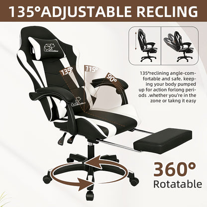 Gaming Chair, Ergonomic High Back Reclining PU Leather Computer Chair, for Adults Teens Office Gaming Use, with Headrest Lumbar Support Fixed Armrest Adjustable Swivel Rolling Footrest Racing Style Multicolor (w/ Footrest/ W/o Footrest)