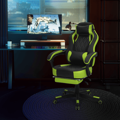 Ergonomic Gaming Chair with Retractable Footrest & Detachable Lumbar Support 360 Degree Swivel Racing Style PU Leather Computer Gaming Chair with Headrest for Home Bedroom Office