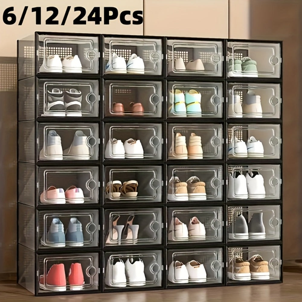 Clear Stackable Shoe Boxes with Lids 6, 12 or 24 Pack, Plastic Shoe Storage Organizer for Closet Sneaker Display, Modular Space Saving Shoe Containers, Black White