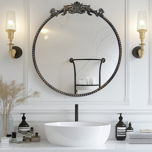 Growsun 24 Inch Vintage Round Mirror Baroque Style Circle Mirror Metal Frame Wall Mirrors for Vanity, Bathroom Or Bedroom