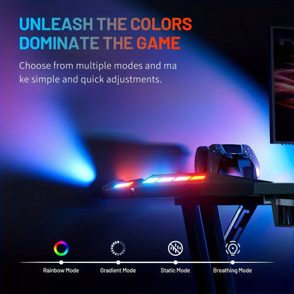 HOME DESK Gaming Desk With LED Lights Carbon Fibre Surface Gaming Table Large Computer Desk Ergonomic Home Office Desks Z Shaped PC Gamer Workstations With Headphone Hook & Cup Holder