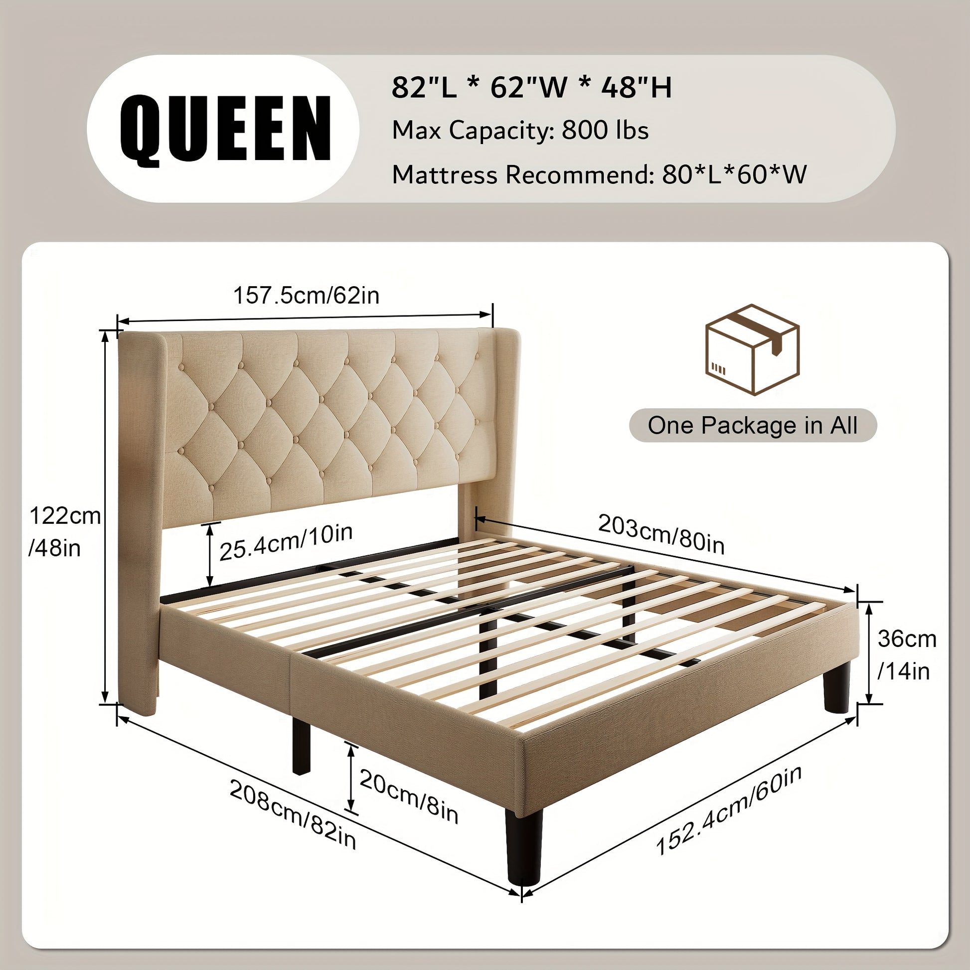 Bed Frame shown in the Beige, Queen option