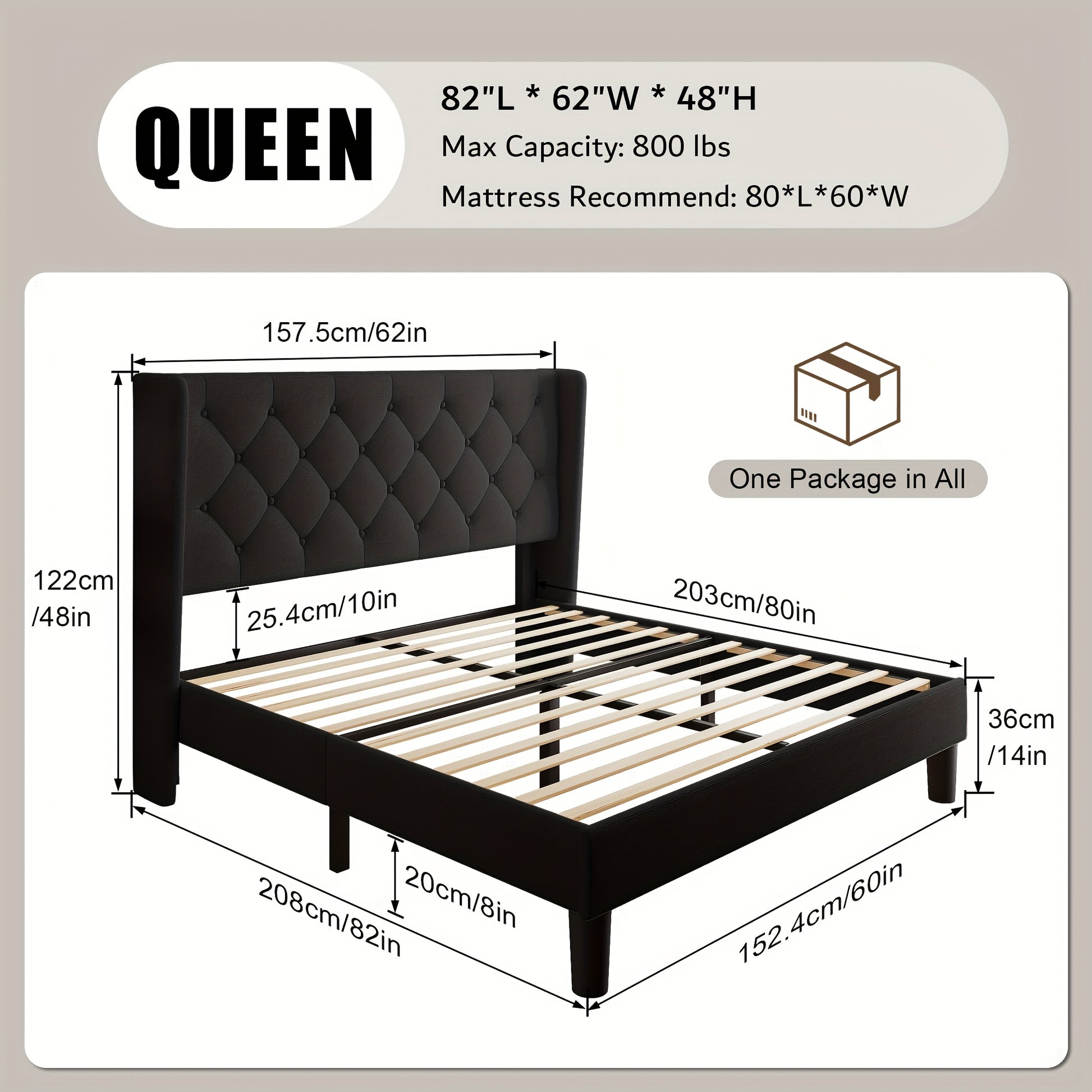 Bed Frame shown in the Black, Queen option