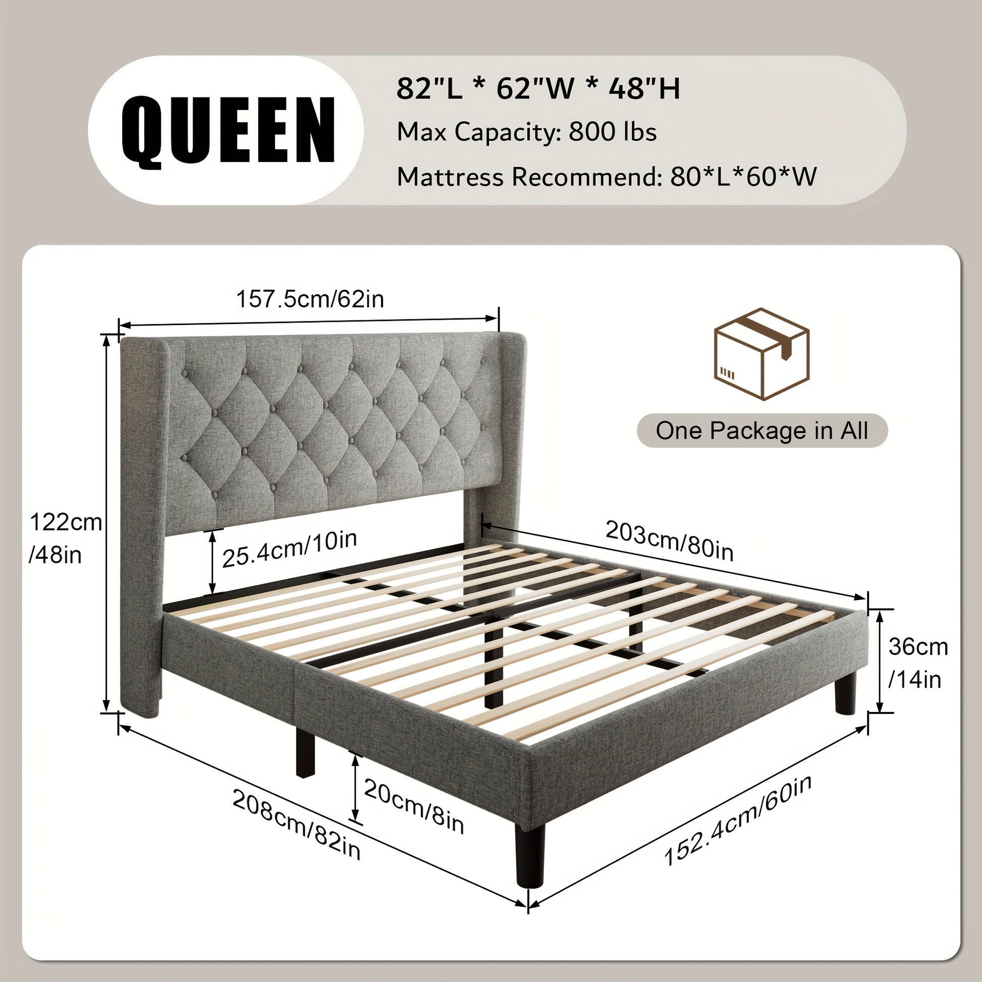 Bed Frame shown in the Light Grey, Queen option