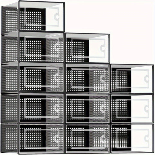 Shoe Organizer, Stackable Boxes Clear Plastic with Lid 12/24 Pack, Interlocking shown in the main product view
