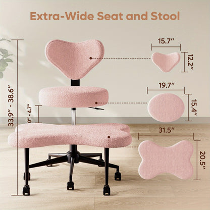 Cross-Legged Meditation Chair with Wheels – Height Adjustable ADHD Chair, Ergonomic Crescent Back Support, Memory Foam Seat, 360° Swivel, Teddy Fleece & Faux Leather in 4 Colors
