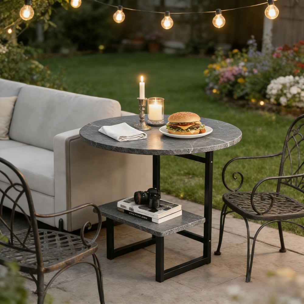 Round Outdoor Side Table with Double-Layer Storage Shelf – Marble Texture Imitation Stone Top, Sturdy Metal Frame, Weather-Resistant End Table for Balcony, Patio, Courtyard, Small Spaces (7 Colors)
