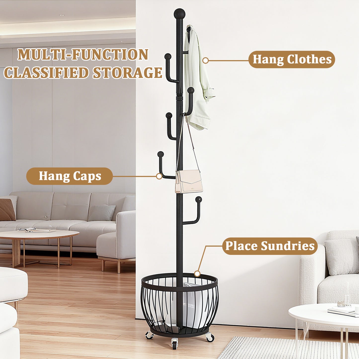 2-in 1 Multipurpose Freestanding Coat Rack with Storage Basket - 6 Hooks and 4 Universal Wheels, Mobile Clothes Hanger, Space-Saving Freestanding Clothes Rack Organizer, for use in Entryway, Living Room, Bedroom, Home, Office, Bathroom for Hats, Coats, Sc