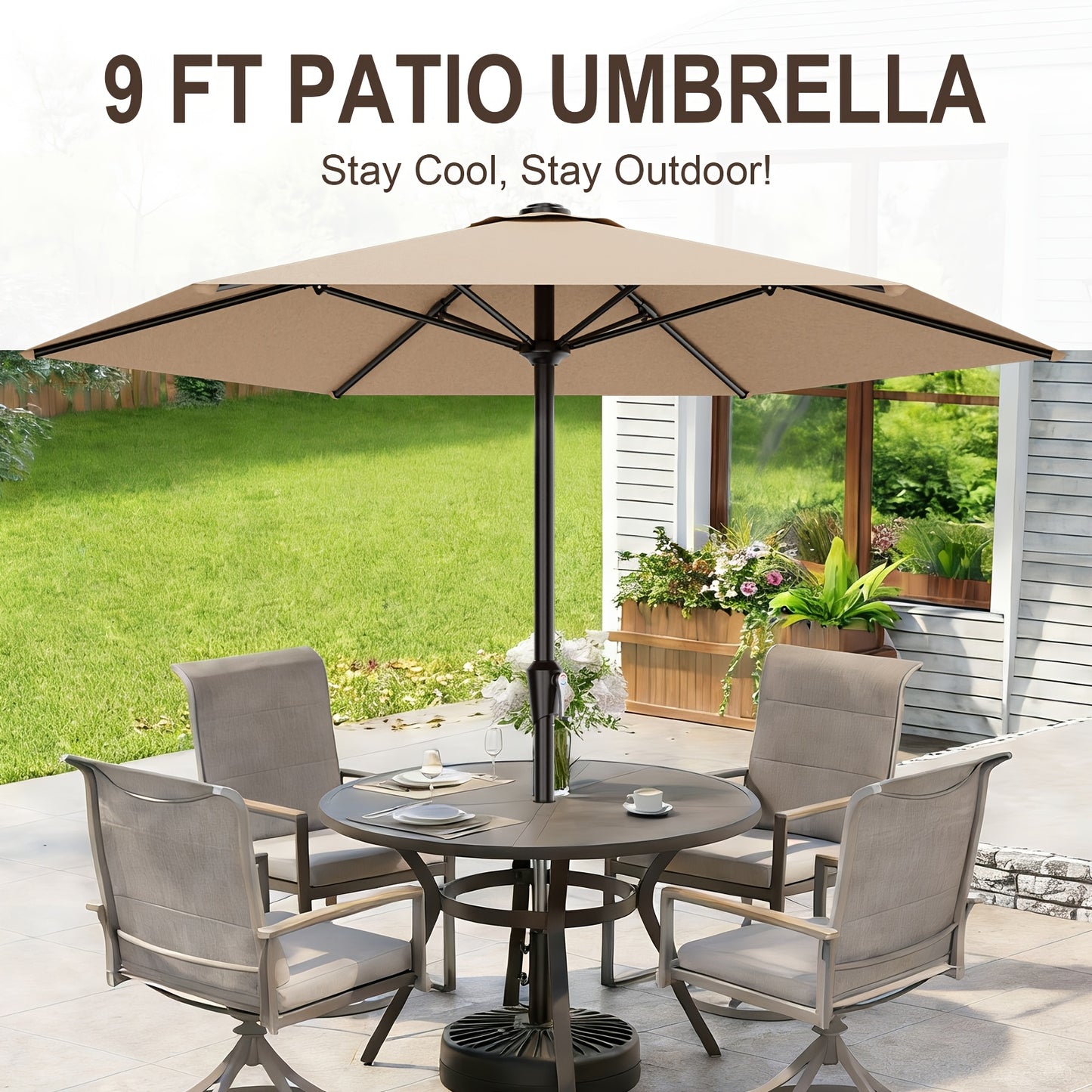 9FT Outdoor Patio Umbrella with Crank & 6 Sturdy Ribs, UV Protection Windproof, Market Table Umbrella Perfect for Deck, Backyard, Lawn And Garden, Pool Umbrella