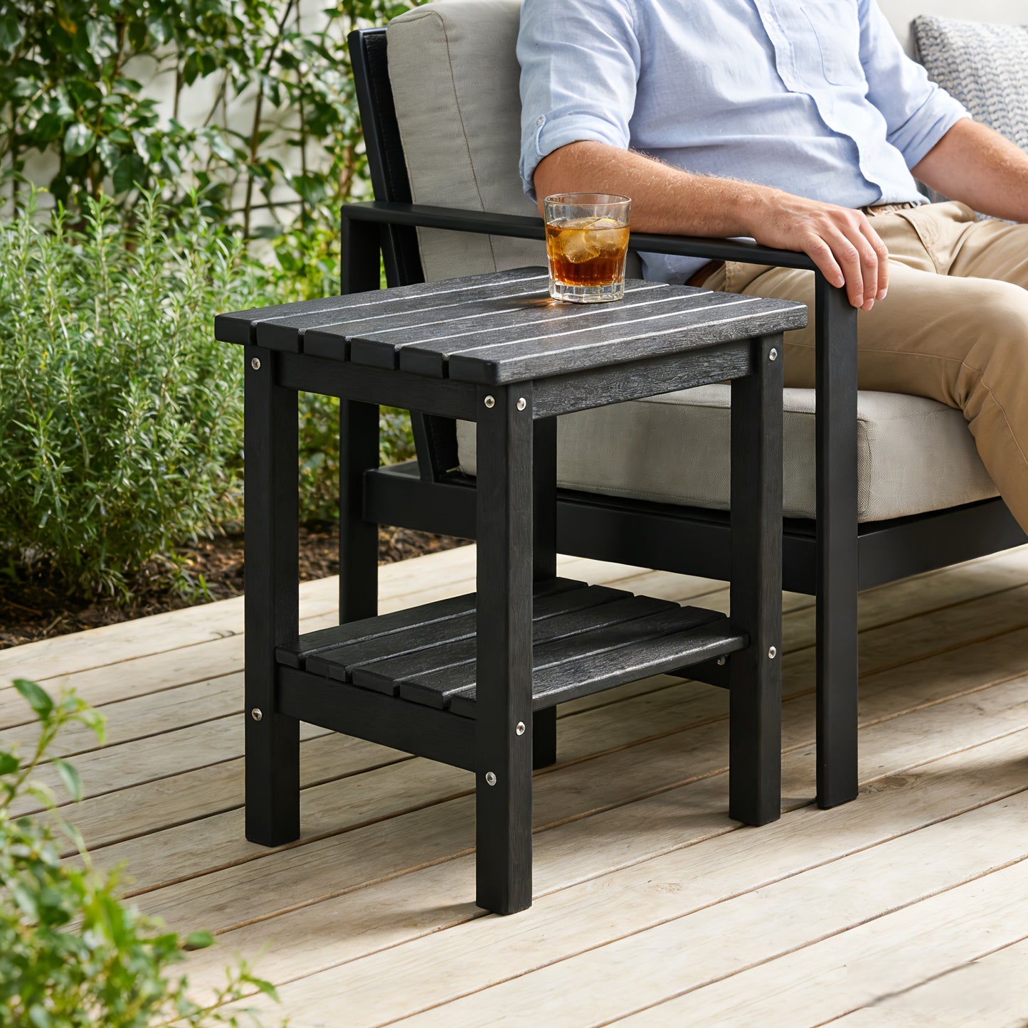 2-Tier Adirondack Side Table | Weather Resistant Wooden End Table, Rectangular Rustic Outdoor & Indoor Small Table For Patio, Garden, Lawn, Porch Or Living Room, High Density Polyethylene Frame With Wood Grain Coating