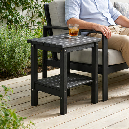 2-Tier Adirondack Side Table | Weather Resistant Wooden End Table, Rectangular Rustic Outdoor & Indoor Small Table For Patio, Garden, Lawn, Porch Or Living Room, High Density Polyethylene Frame With Wood Grain Coating