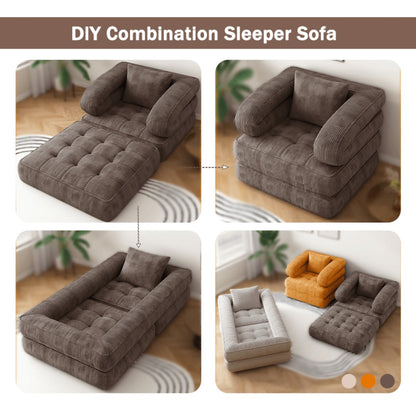 Convertible Sofa Bed No Assembly Required, Multi-Position High-Density Sponge Corduroy Sofa for Small Spaces Bedroom Apartment RV, Lazy Lounger Movie Sofa
