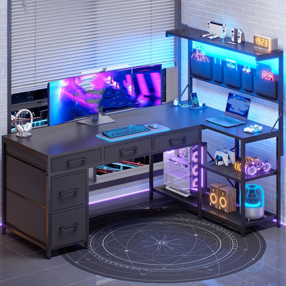 L Shaped Office Desk with LED Lights, 47.2" Reversible Small Computer Desk with 5 Drawers and Storage Shelves, Home Office Corner Desk