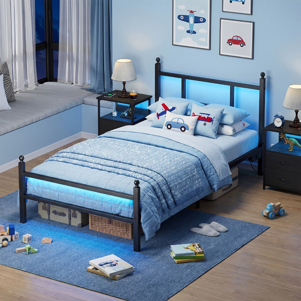 Twin Bed Frame with LED Lights and Charging Station, Heavy-Duty Metal Platform Bed, Easy Assembly, Black & White, Modern Contemporary Bedroom Design