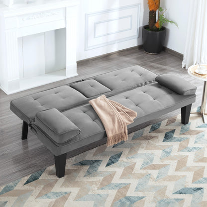 Futon Sofa Bed Convertible 65 Inch Foldable Lounge Chair Sleeper Couch with Adjustable Backrest Detachable Armrests Cup Holders Linen Upholstery Living Room Guest Room Black Gray Blue