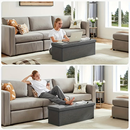 43-Inch Large Folding Storage Ottoman Bench with Padded Seat - Heavy-Duty Footrest & Hidden Compartment, Grey End of Bed Stool for Bedroom/Living Room, Entryway, Holds 660 Lb - Space-Saving Furniture Suitable for Bedroom, Living Room, Entryway