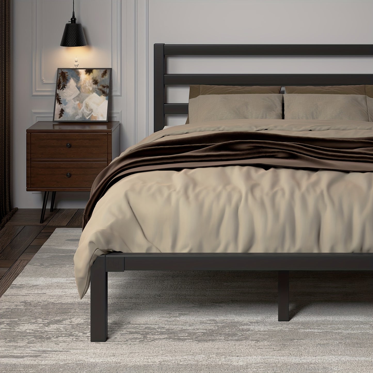 Metal Platform Bed Frame with Slatted Headboard - Under Bed Storage, Sturdy Metal Slats, No Box Spring Needed, Black/white, Twin/Full/Queen/King