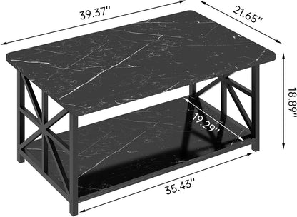 LTTROMAT Modern Coffee Table for Living Room, Faux Marble 2-Tier Coffee Table with MDF Broad & Metal Frame, Farmhouse Style Rectangular Center Table for Small Space, Space Saving Tea Table for Bedroom, Kitchen, Office