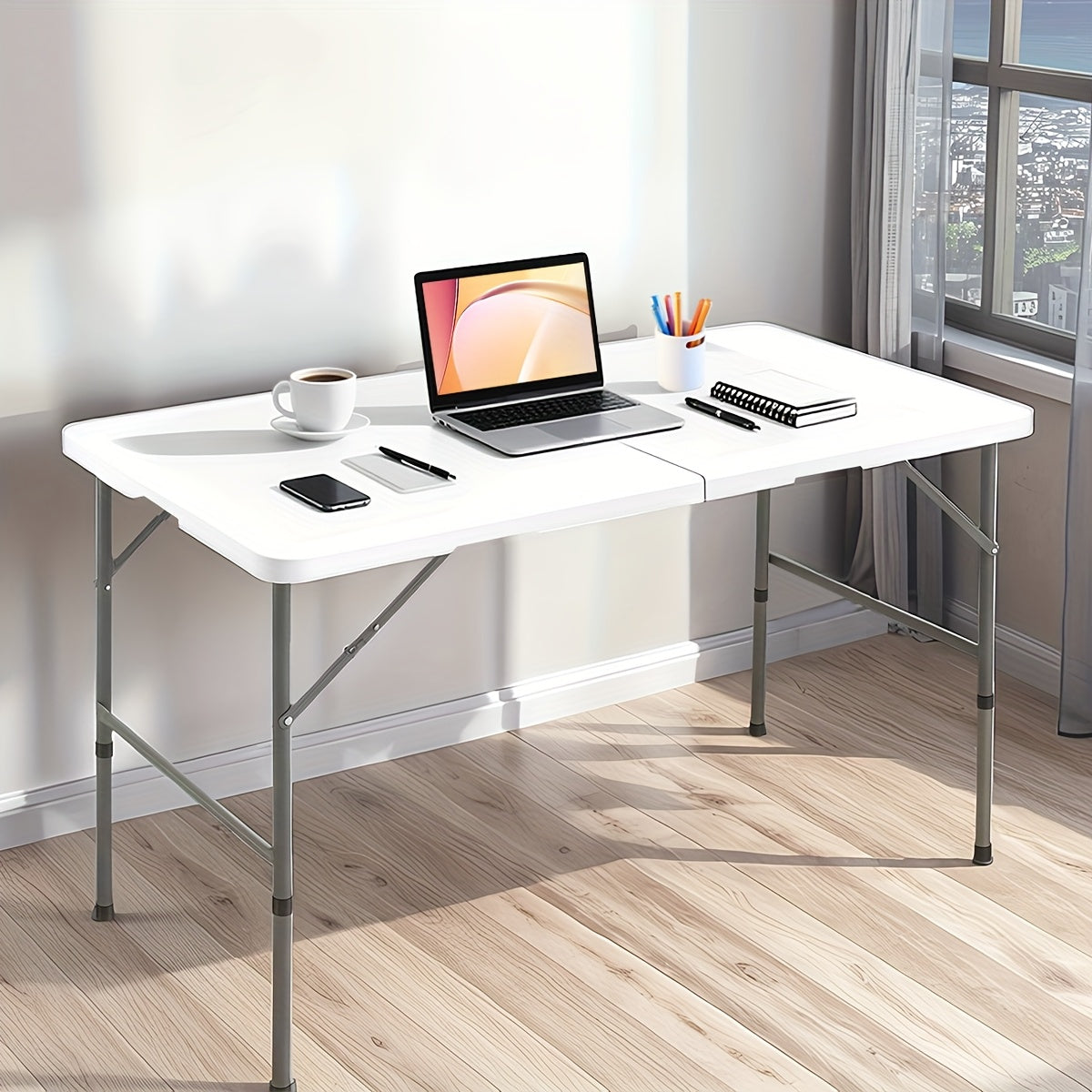 Folding Table 2.5/4/6FT Portable Heavy Duty Plastic Fold-in-Half Utility Table Portable Dining Table Indoor Outdoor Adjustable Height Folding with Carrying Handle, Locks, Camping and Party, Picnic Table -White/Black