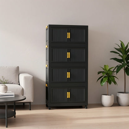 Foldable Storage Cabinet 3/4/5 Tier Stackable Plastic Boxes with Lids & Casters, Portable Modular Wardrobe Organizer for Bedroom Kitchen Living Room Entryway