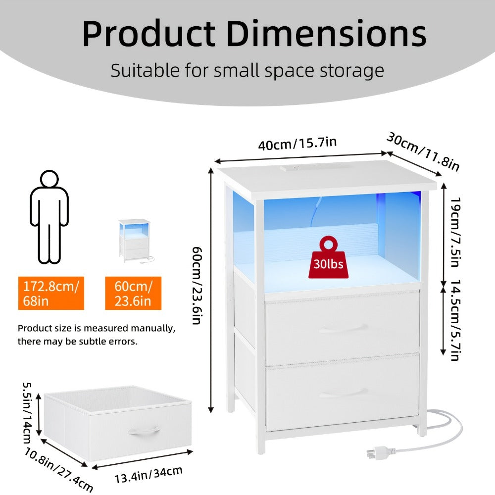 LED Nightstand with Charging Station & USB Ports | Fabric Drawer, PU Coating, Heavy-Duty Bedside Cabinet for Bedroom, Dorm & Home – Black, White, Brown