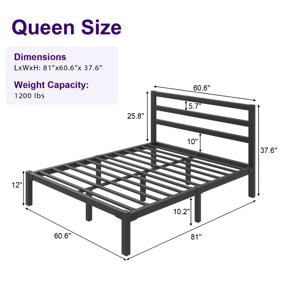Metal Platform Bed Frame with Slatted Headboard – Under Bed Storage, No Box Spring Needed, Sturdy Metal Slats, Black White, Twin Full Queen King
