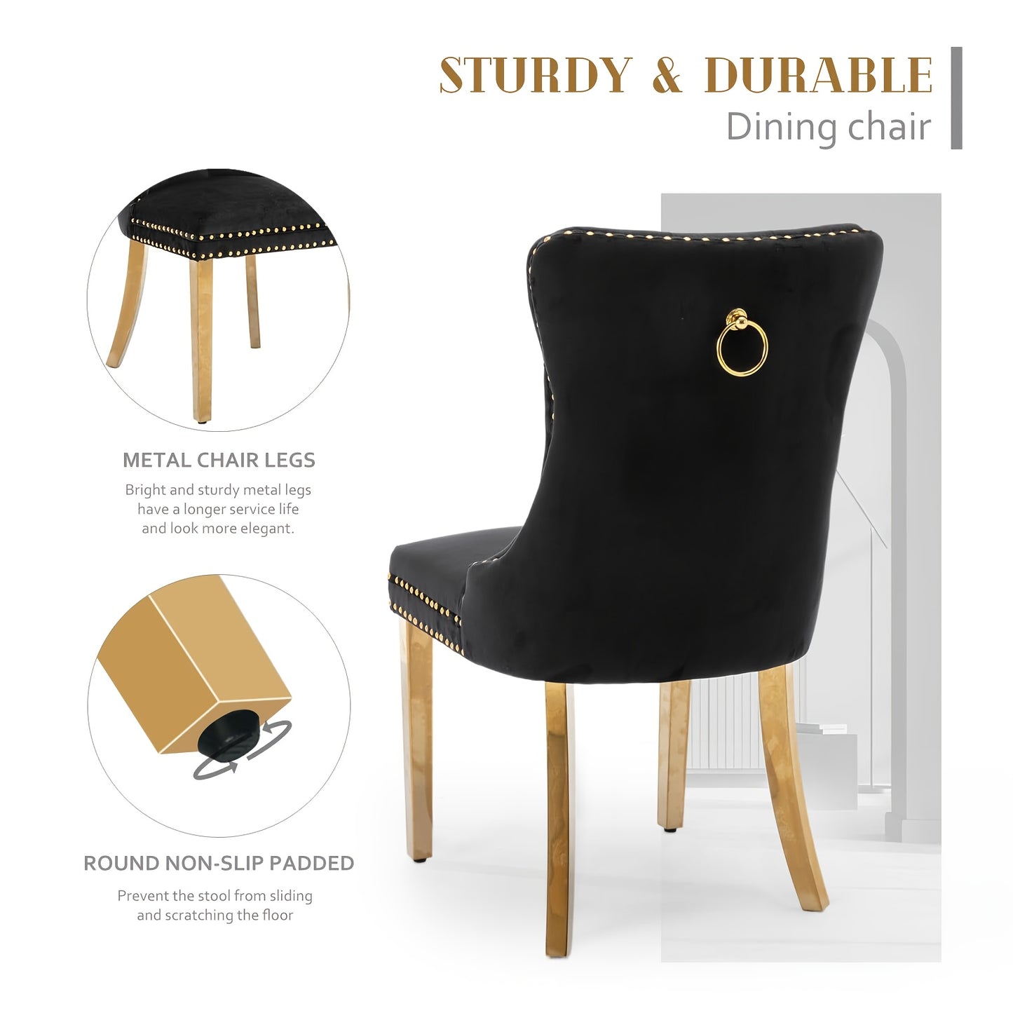 Solid Wood Velvet Upholstered Dining Chair, Modern Design Quilted Dining Chair with Nail Head Accent And Solid Gold Plated Legs, Set of 2 for Kitchen, Living Room, Apartment