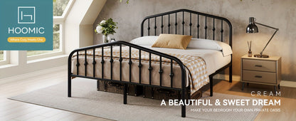 Queen Size Victorian Platform Bed Frame with Wrought Iron Headboard & Footboard – 14" Tall, No Box Spring Needed, Heavy-Duty Steel Slat Support, Elegant Antique Style Bedroom Furniture