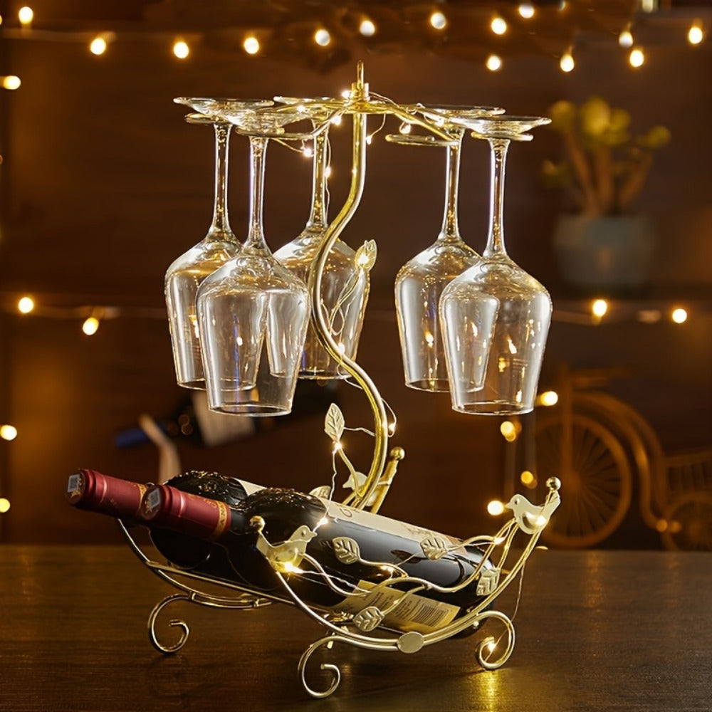 Nautical Boat Wine Rack with Glass Holder – Holds 2 Bottles & 6 Glasses, Iron Countertop Wine Rack for Kitchen Dining Room Bar, Decorative Bird Leaf Motif