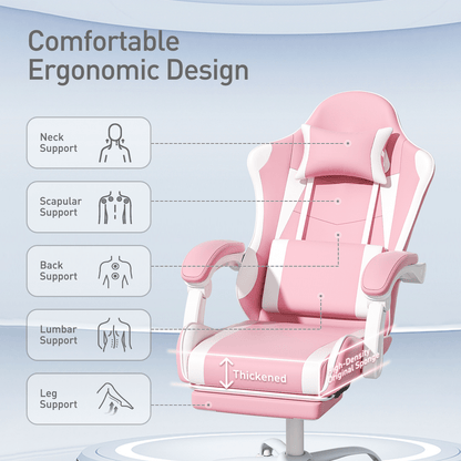 Ergonomic Gaming Chair with Retractable Footrest & Detachable Lumbar Support 360 Degree Swivel Racing Style PU Leather Computer Gaming Chair with Headrest for Home Bedroom Office